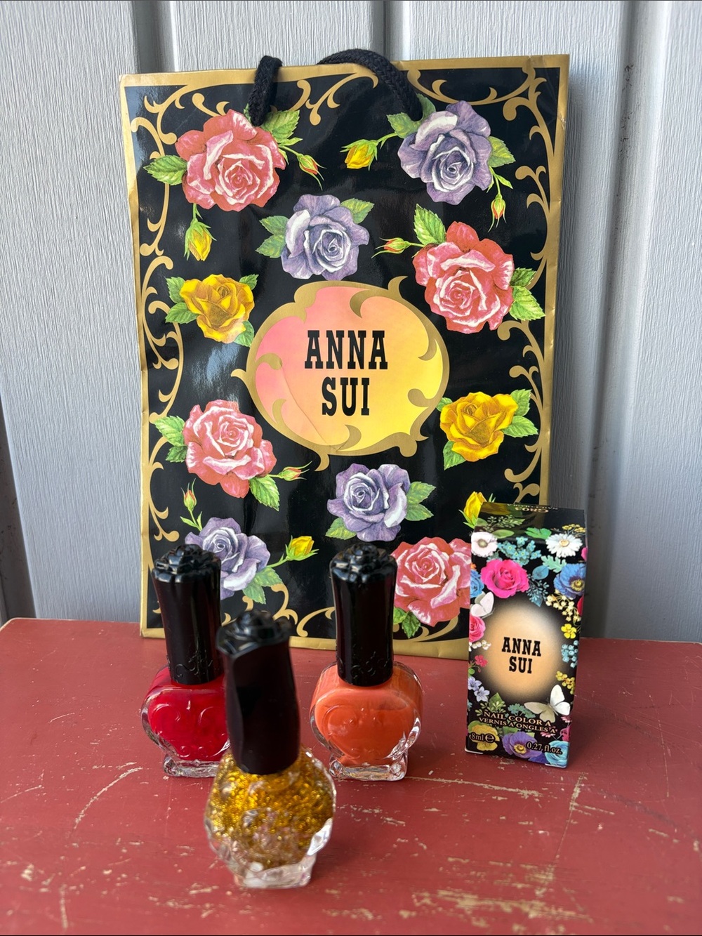 Anna Sui Red, Orange, Gold & Gold & Black Nail Polishes & Gift Bag